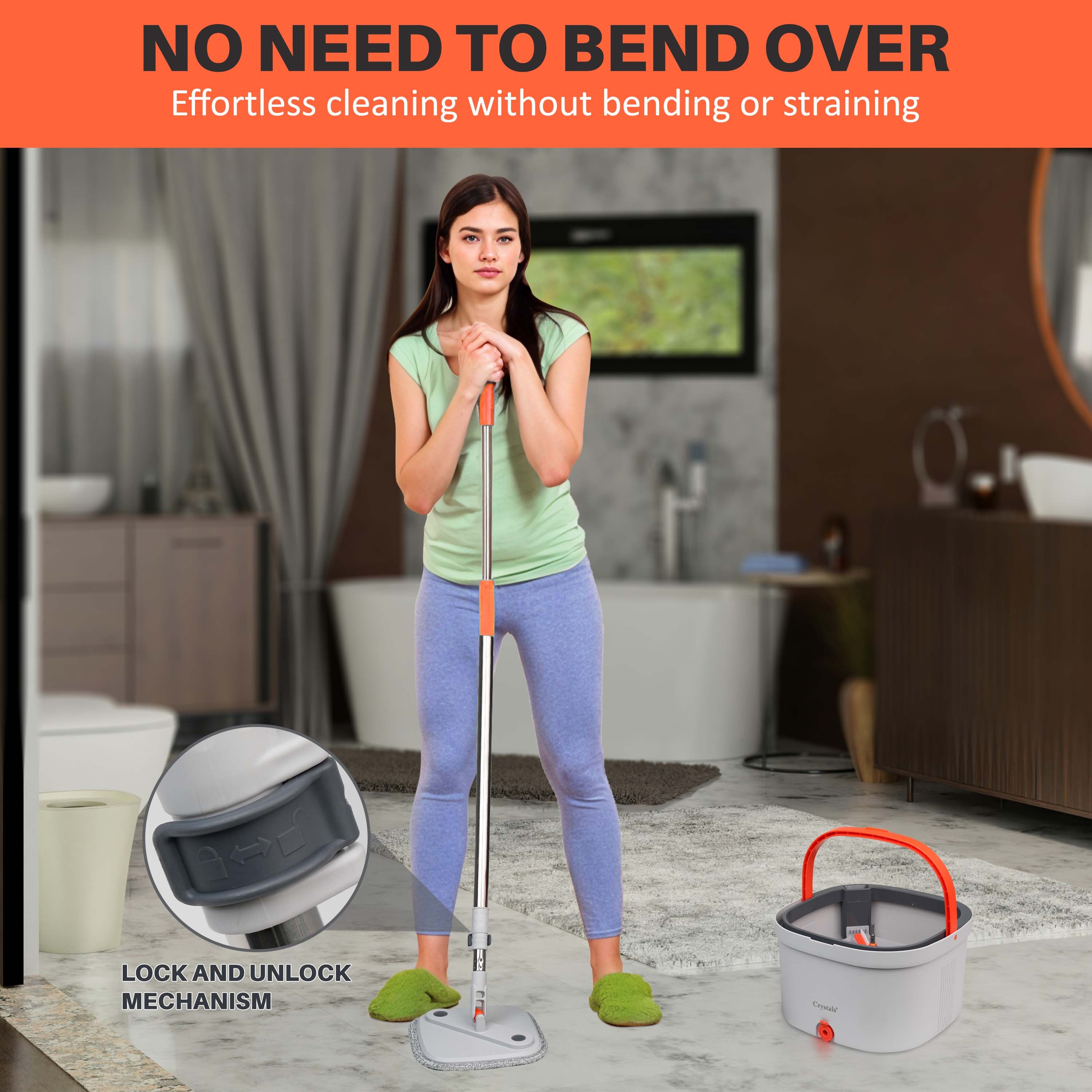 Spin Mop and Bucket Set with 360° Rotating Head – Compact Floor Cleaning System with Squeeze Wringer, 2 Microfiber Refill Pads (Square Mop & Bucket)