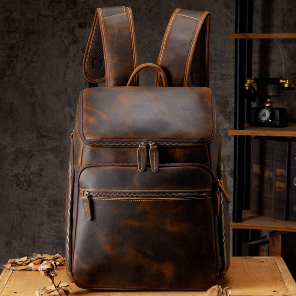 Vintage Cowhide Men's Leather Outdoor Travel Backpack,  Laptop Bag