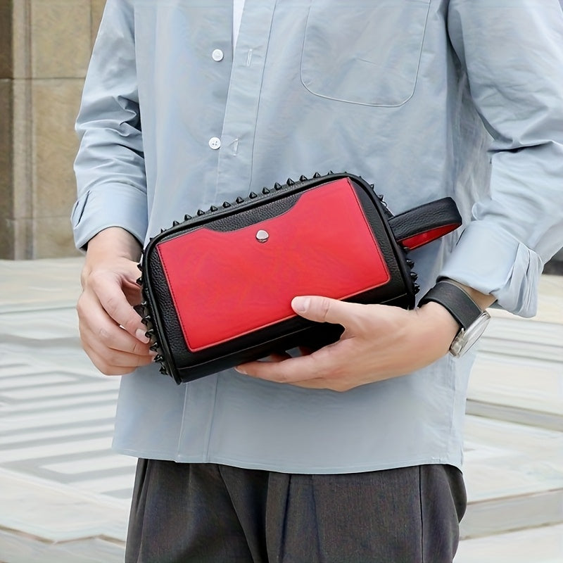 LUMG 's & 's Gothic Punk Handbag - Black Spiked Stud Accent Handheld Purse, Golden-Tone Hardware, Durable Unisex Clutch for Daily Use, Travel, Parties - Edgy Gift for & (Motorcycle Style Inspired)