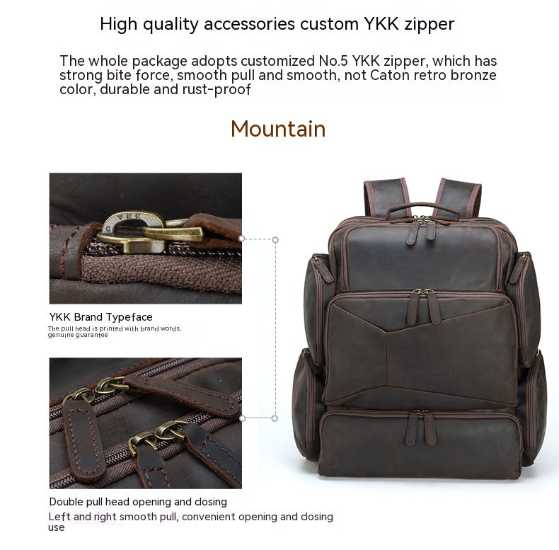 Retro Crazy Horse Leather 17-inch Laptop Bag: Outdoor Travel Top Layer Leather Backpack for Men