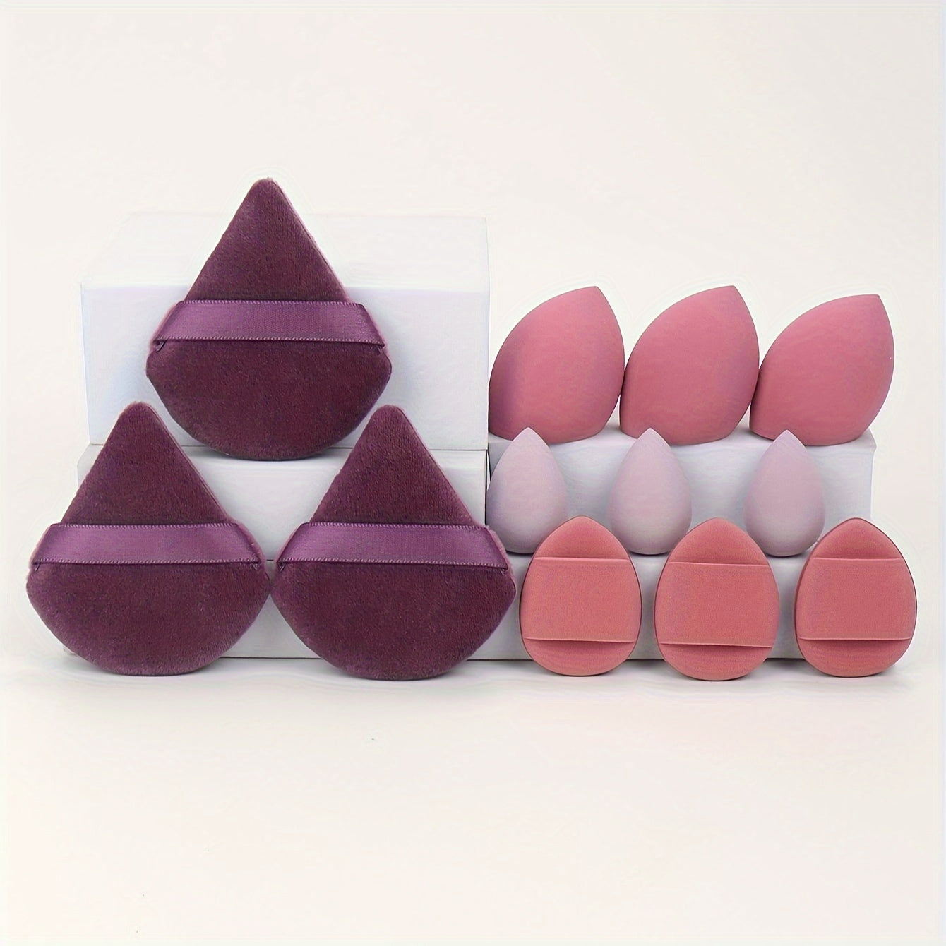 All-in-one 12pack/8pack makeup sponge set, consisting of 3 loose powder puffs, 3 mini air cushion puffs, 3 makeup sponges and 3 mini makeup sponges /or makeup puff& brush 8pcs set. Does not contain latex, does not easily eat