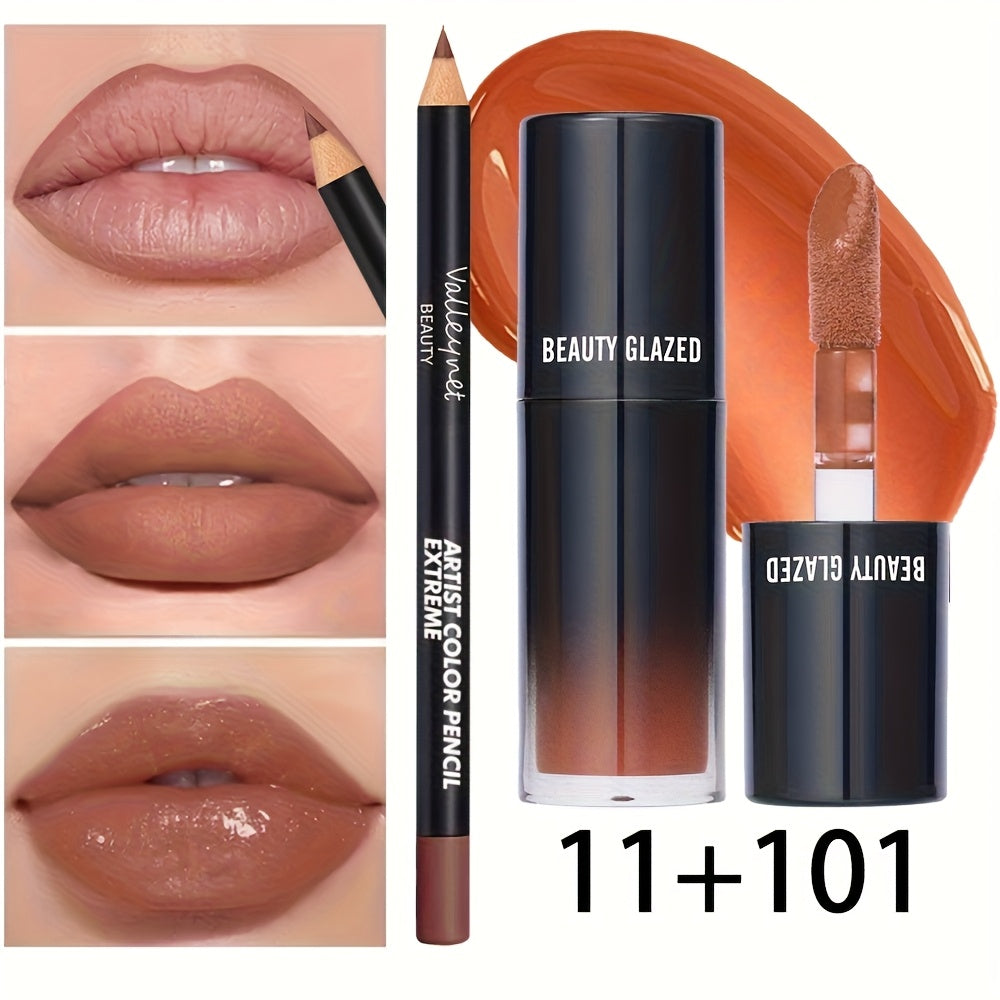 2pack/Set Lip Gloss & Lip Liner Set,Nourishing Lip Gloss Hydration Non-Sticky Lip Kit for Women, Natural Nude Tinted Lip Glow Oil Moisturizing Lightweight Long Wear Shiny Liquid Lipstick with Lip Liner Combo