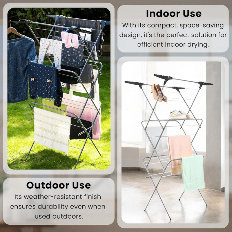Foldable 3 Tier Airer with Wings Collapsible Arms for Hangers, 15m Clothes Drying Airer Laundry Rack Portable Indoor & Outdoor Free Standing Airer, Non Slip Feet with Hanging Option Space Saving Wash Line 5.5cm Folded, Grey