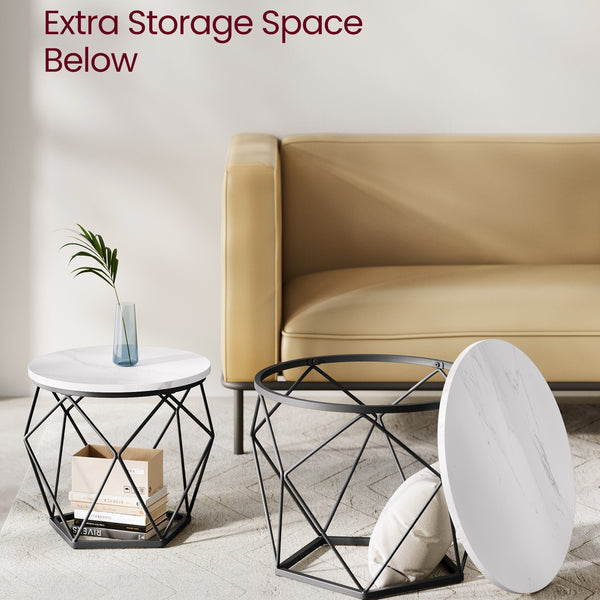 Small Round Coffee Table Set of 2, with Steel Frame, for Living Room, Bedroom, Office