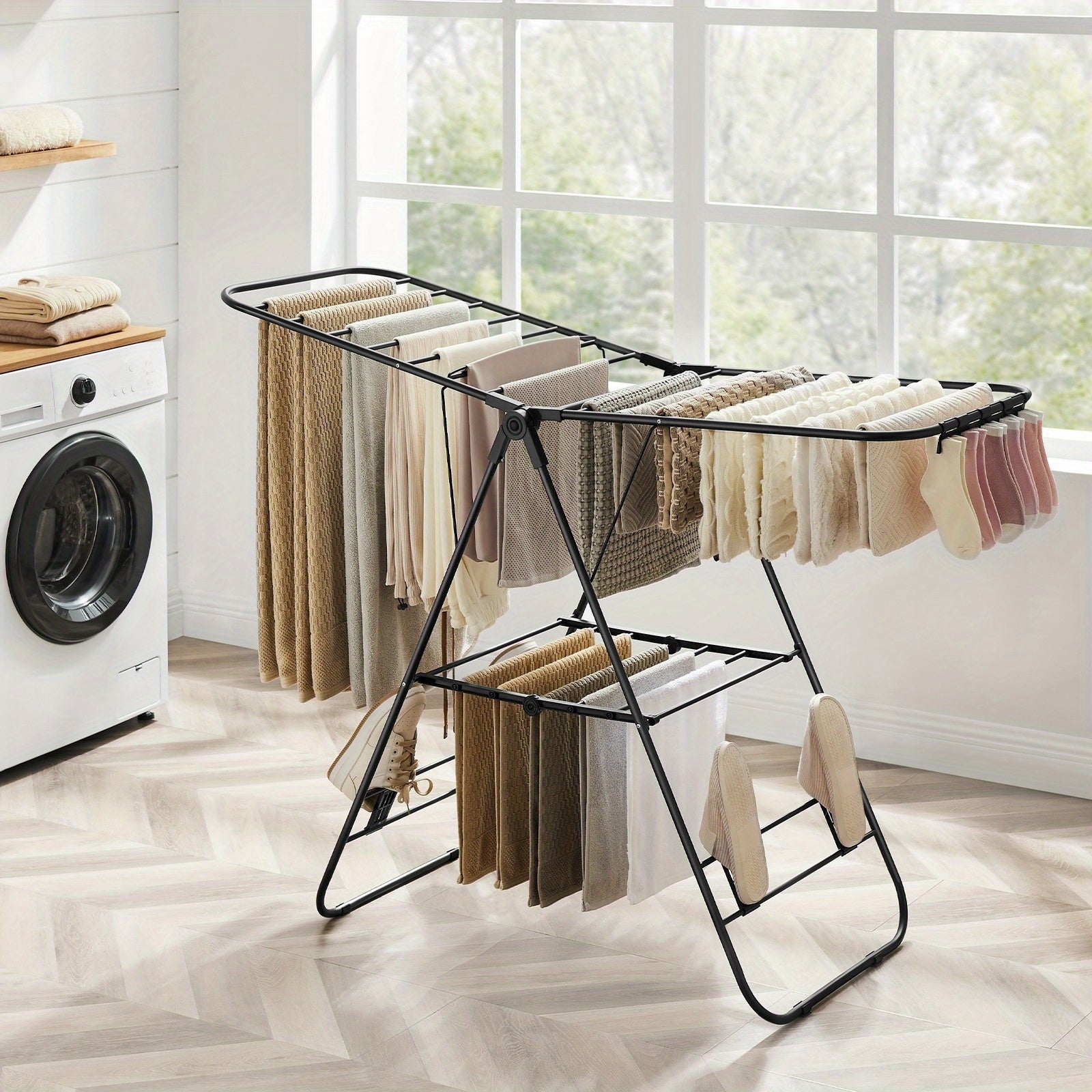 Heavy-Duty Steel Foldable Clothes Drying Rack with Height-Adjustable Wings & Free-Standing Design - Heavy-Duty Laundry Airer with Multiple Horizontal Bars, Space-Saving Indoor/Outdoor Clothes Dryer for Home, Apartment, Dorm,