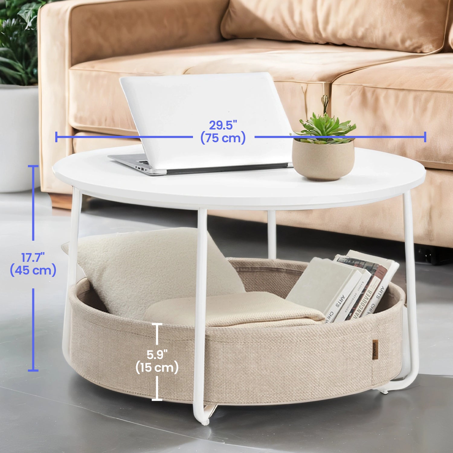 Coffee Table with Storage, Round Center Table with Fabric Basket, Modern Style, White and Brown