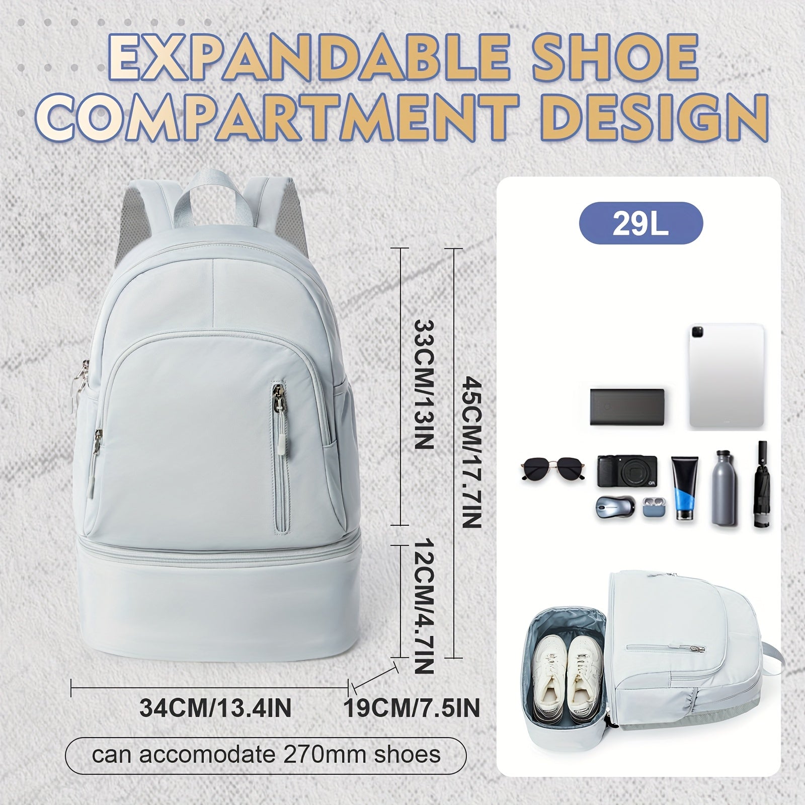 Lightweight Travel Backpack with Independent Shoe Compartment - Large Capacity, Nylon, White, Perfect for Hiking, Camping, and Business Trips, Carry-On Friendly with Laptop Sleeve, Backpack for Travel