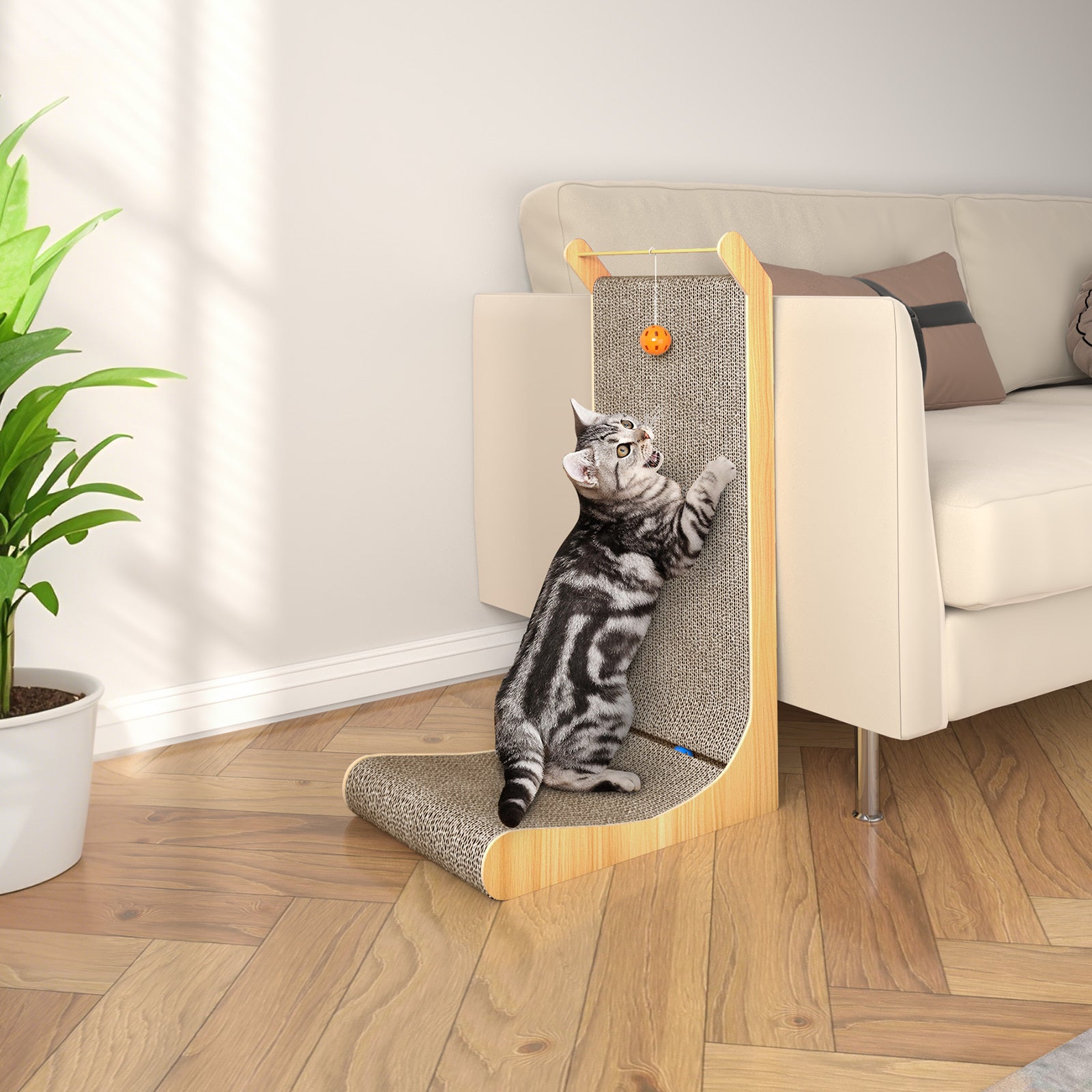 L-Shaped Cat Scratcher Cardboard Cat Scratching Post with Ball, Sofa Protector for Indoor Cats, Durable Corrugated Cat Scratch Board for Kittens & Adult Cats