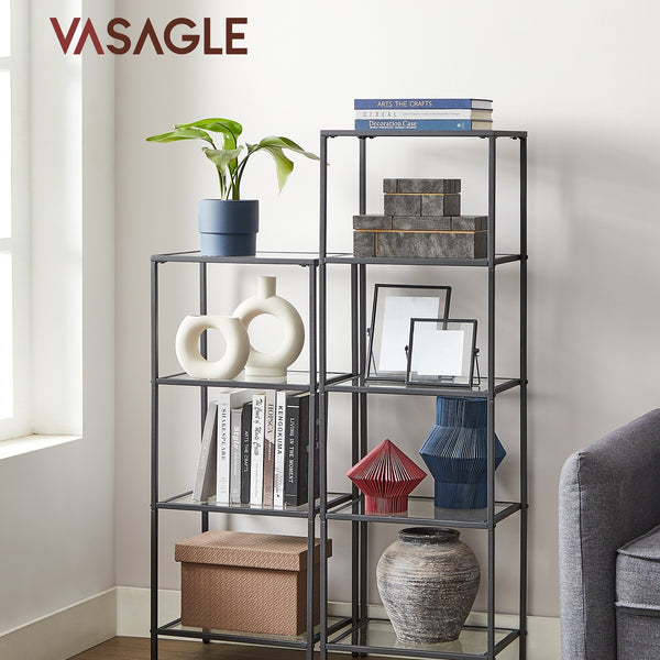 5-Tier Glass Shelf, Bookshelf, Storage Rack, Tempered Glass, Easy Assembly, Bathroom, Living Room, Black