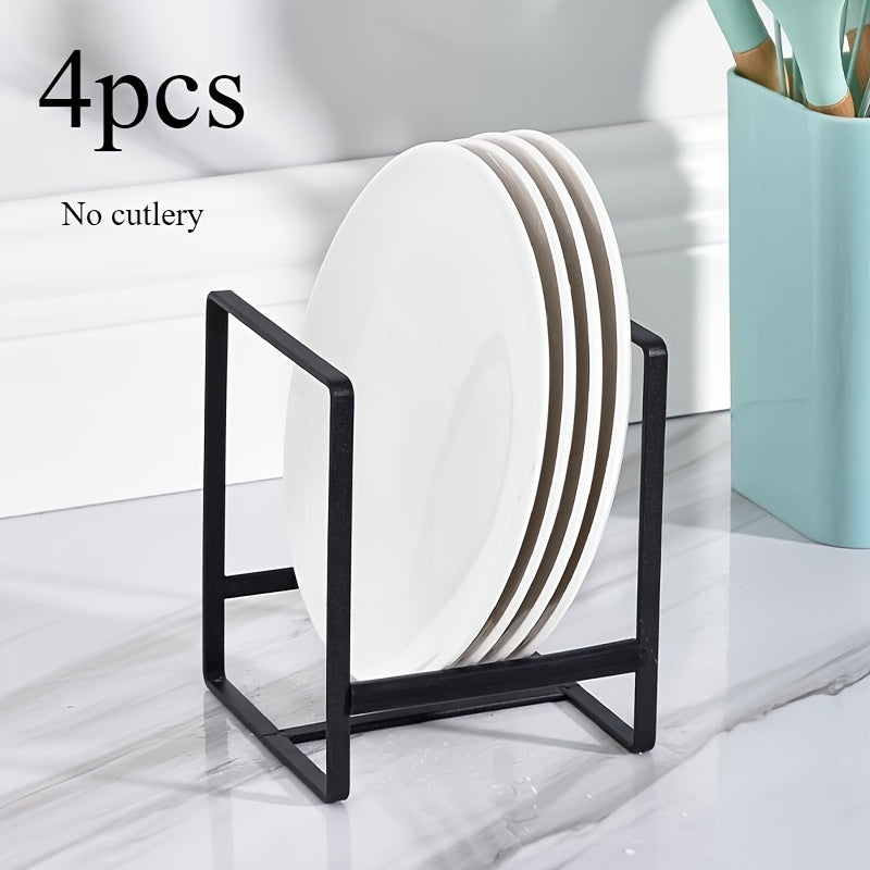 4-Piece Black Metal Dish Rack Set, Space-Saving No-Drill Mount, Durable Plate and Utensil Holder for Kitchen Organization