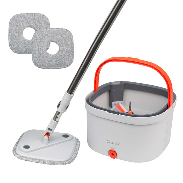 Spin Mop and Bucket Set with 360° Rotating Head – Compact Floor Cleaning System with Squeeze Wringer, 2 Microfiber Refill Pads (Square Mop & Bucket)