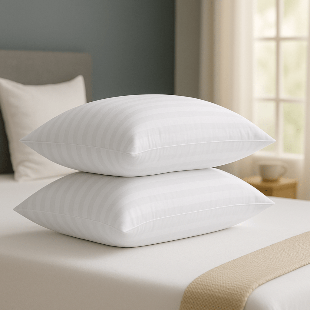 2-Pack Luxury Striped Filled Pillows – Extra Deep Bounce Back Bed Pillows for Back, Side & Stomach Sleepers – Soft, Breathable & Supportive – White or Grey – UK Standard Size