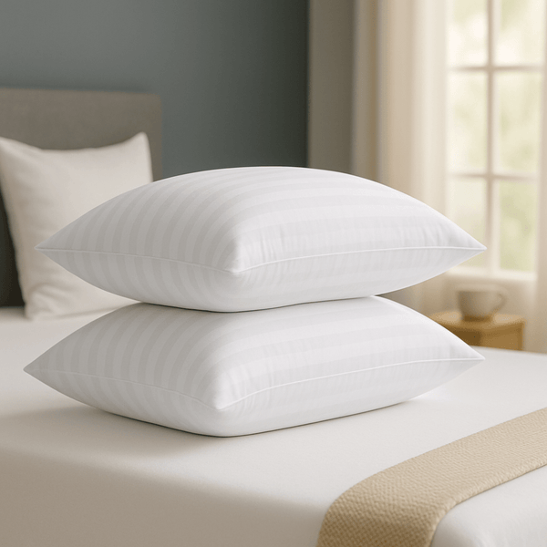 2-Pack Luxury Striped Filled Pillows – Extra Deep Bounce Back Bed Pillows for Back, Side & Stomach Sleepers – Soft, Breathable & Supportive – White or Grey – UK Standard Size