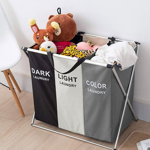 1Pack Foldable & Washable Washing Basket 3 Compartments, Stainless Steel Holder, Dirty Laundry Bag with Handle, Large Laundry Sorter Laundry Basket with Aluminum Bracket and Handle for Laundry Room, Bedroom 66*38*58cm