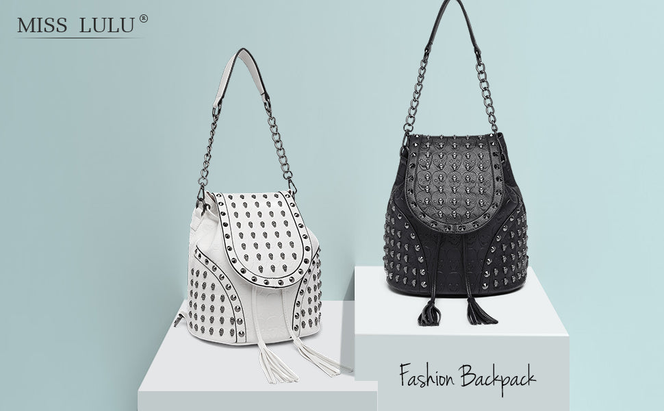 Miss Lulu Gothic Skull Backpack - Faux Leather Studded Shoulder Bag with Chains & Tassels for Women