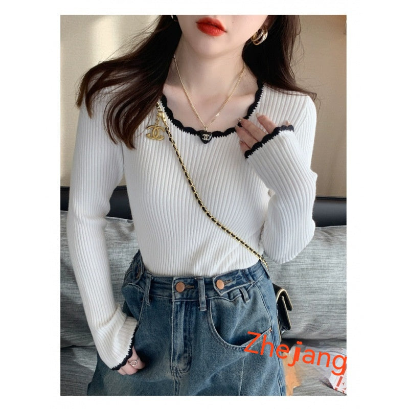 French Style Classic Style Bell Sleeve Wooden Ear Knitted Sweater