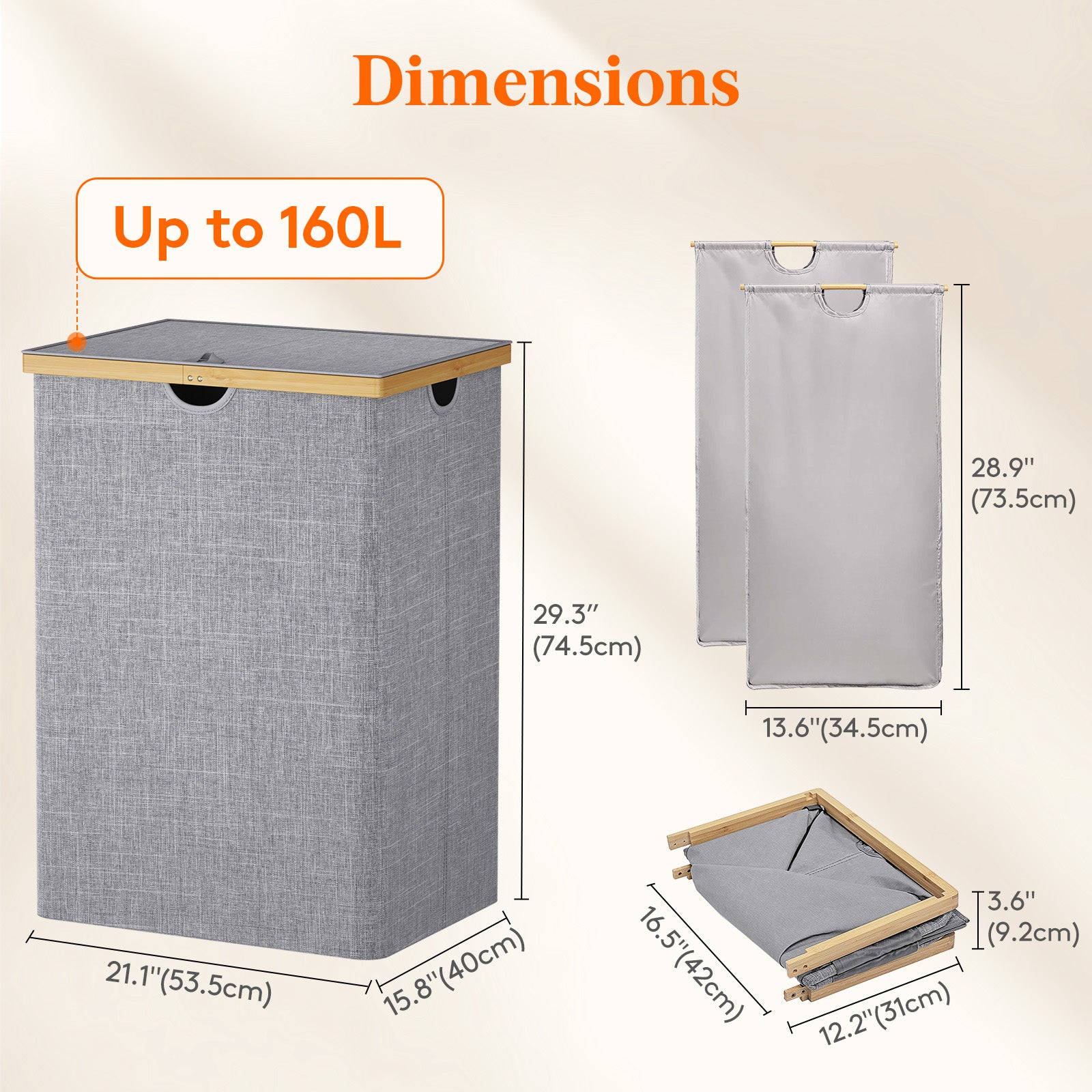 Laundry Basket with Lid Handles, 160L Laundry Hamper with Lid, Tall Foldable Dirty Clothes Hamper for Laundry Room, Bathroom, Dorm, Bedroom