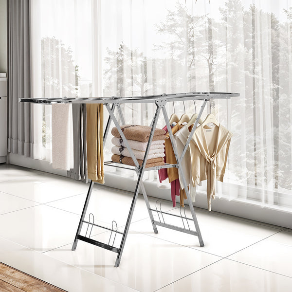 Staiinless Steel Folding Drying Rack, 2-Level Clothes Airer with Height Adjustable Wing, Freestanding Drying Rack for Clothes Socks Towels Shoes Quilts, Multifunctional Air Dryer, Foldable Wing Clothes Drying Rack, No Assembl