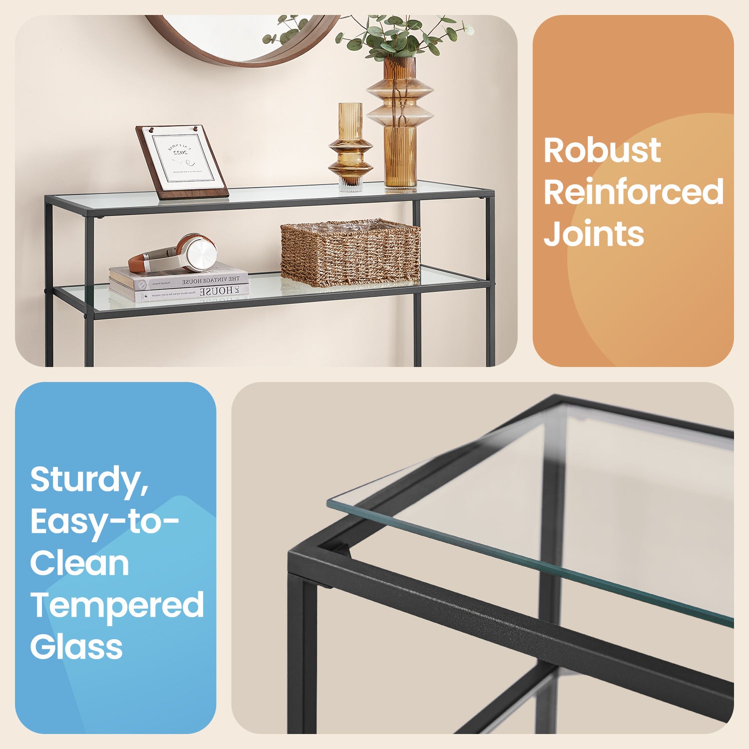 Console Table, Side Table, Tempered Glass Tabletop, Modern Sofa Table, 2 Shelves, for Living Room, Hallway, Space Saving, Vintage Style, Sturdy Construction, Versatile Use, Easy Assembly
