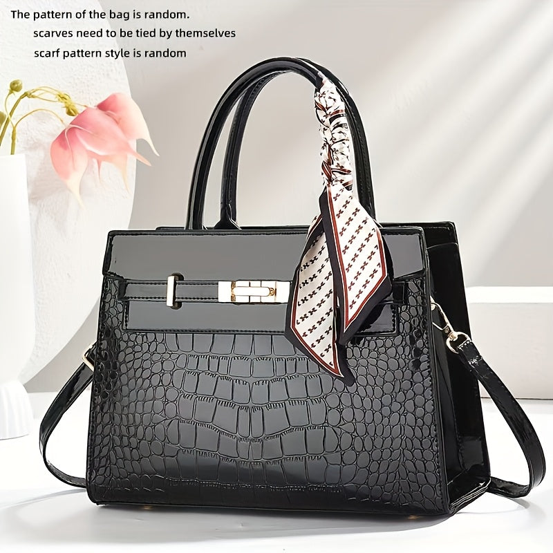 CHROSGEKEIDI Women's Luxury Crocodile-Texture Handbag - Adjustable Crossbody/Shoulder Strap, Golden-Tone Hardware, Zipper Closure, Structured Tote - Elegant Black Purse for Work, Travel, Everyday Use - Durable & Versatile Des