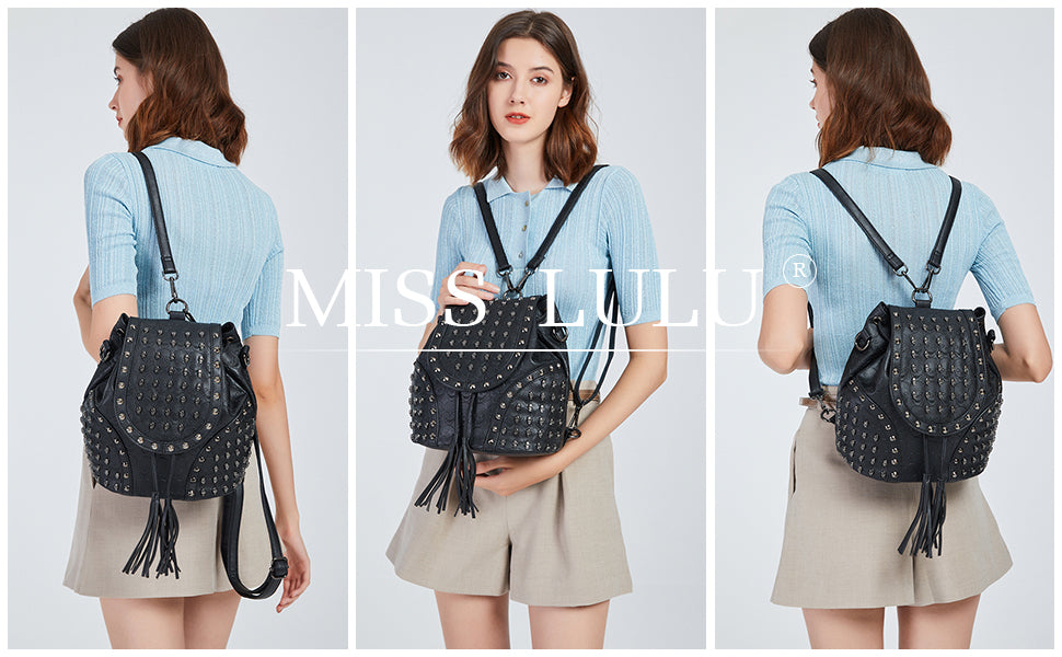 Miss Lulu Gothic Skull Backpack - Faux Leather Studded Shoulder Bag with Chains & Tassels for Women