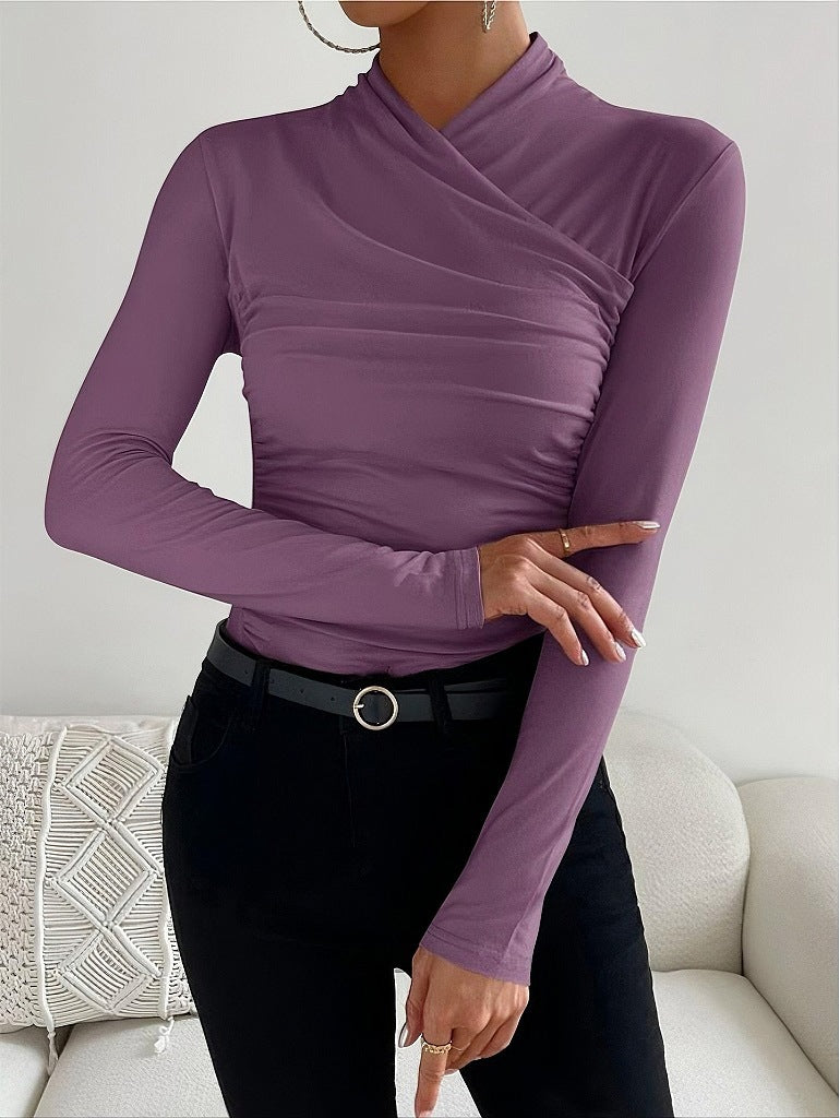 Design Cross Collar Slim Fit All-match Pleating Long Sleeve