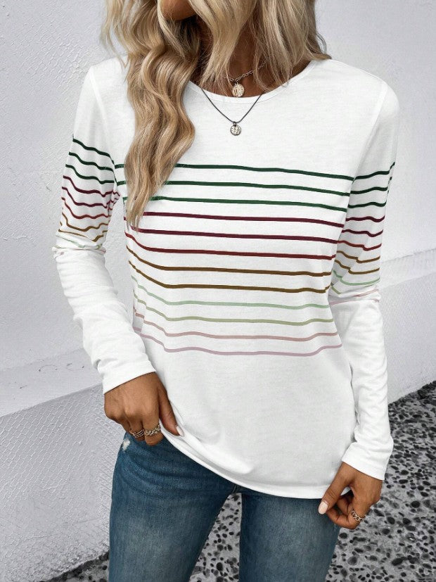 European And American Fashion Striped Printed Round Neck Long Sleeve Women