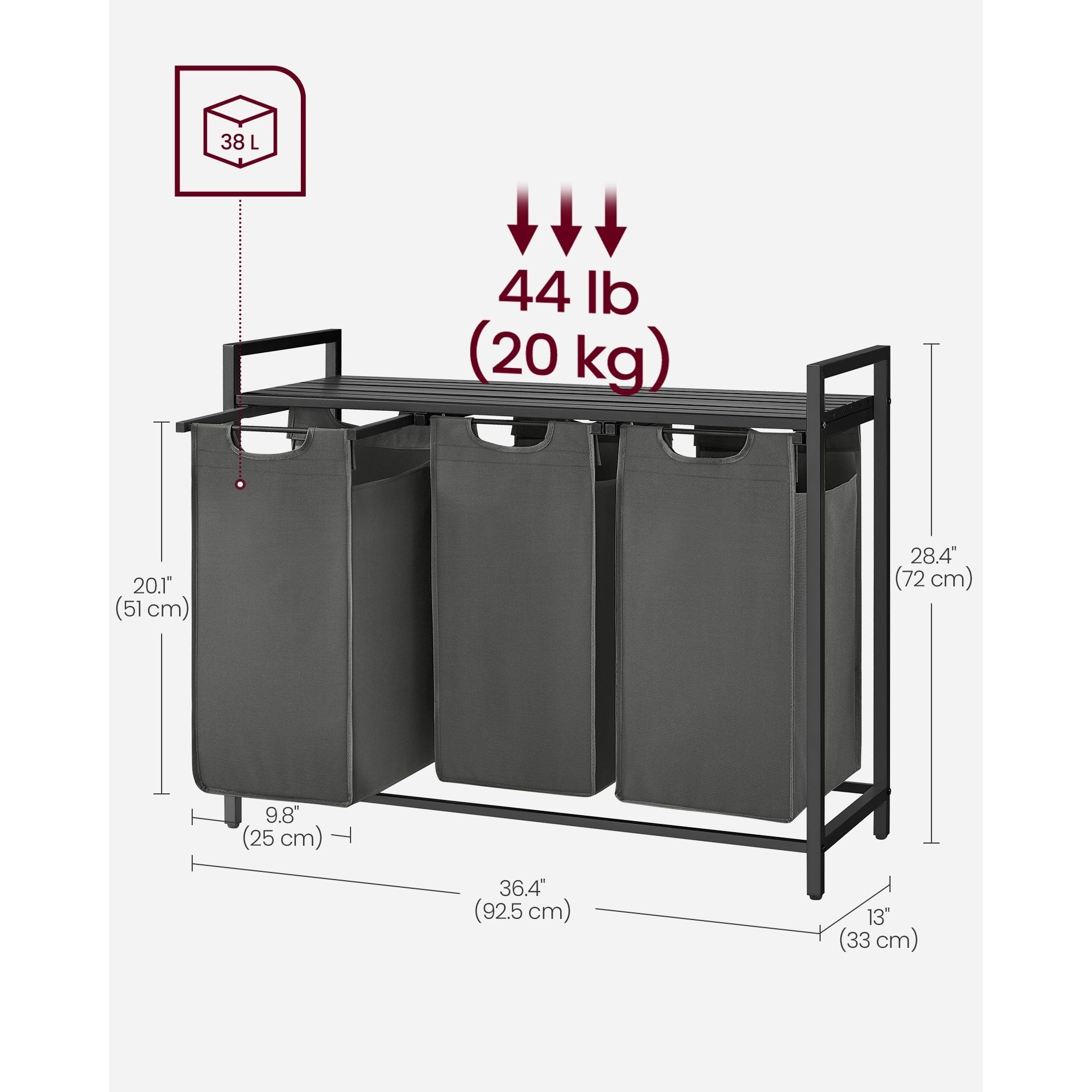 Laundry Basket, 3-Compartment Laundry Hamper, Freestanding Clothes Hamper, Laundry Bag Stands Up Well, Removable Laundry Bags, Laundry Sorter, Shelf, Metal Frame, 3 x 38 L, Black/White/Grey