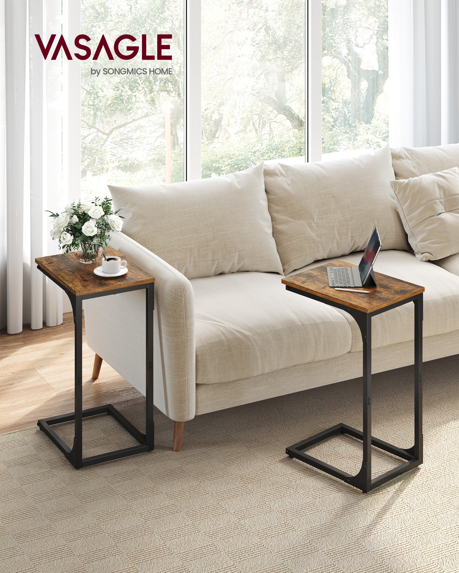 Set of 2 C-Shaped Side Tables – Industrial Metal Frame Bedside, Sofa, and Coffee Tables for Living Room or Bedroom