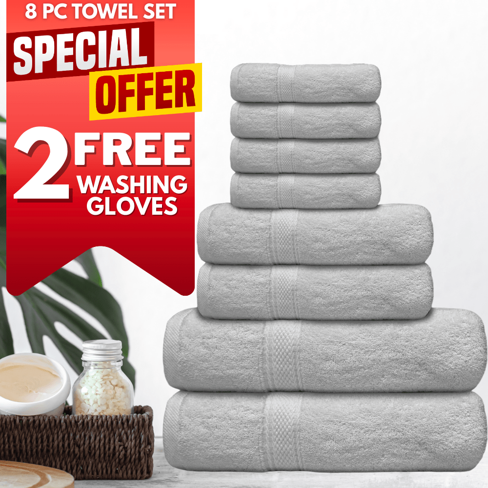 8Pack Towel Set+2 Washing Gloves Free Gift 500 GSM - 2 Bath Towels, 2 Hand Towels 4 Washcloths and 2 Washing Gloves 100% Cotton Hotel Quality Family Pack Towel Bale Set Highly Absorbent