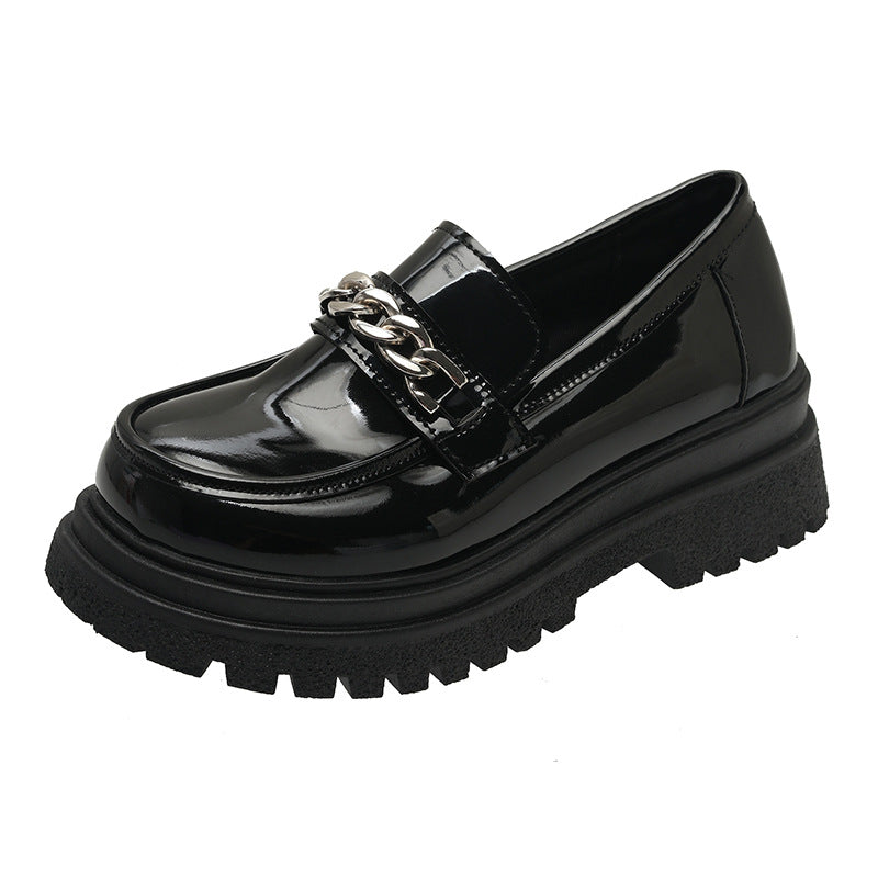 British Style Rubber Leather Shoes Women's Thick Bottom Chain Shallow Mouth