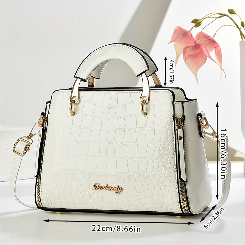 CHROSGEKEIDI Women's Crocodile-Texture Handbag - Glossy Black Alligator-like Shoulder Bag with Golden-Tone Hardware, Adjustable Strap & Zipper Closure, Golden-Tipped - Elegant Purse for, Casual, Formal Events (Luxury)