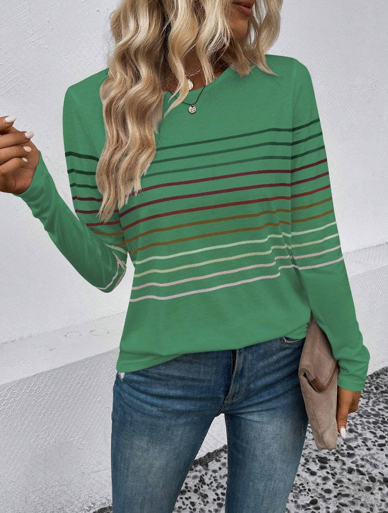 European And American Fashion Striped Printed Round Neck Long Sleeve Women