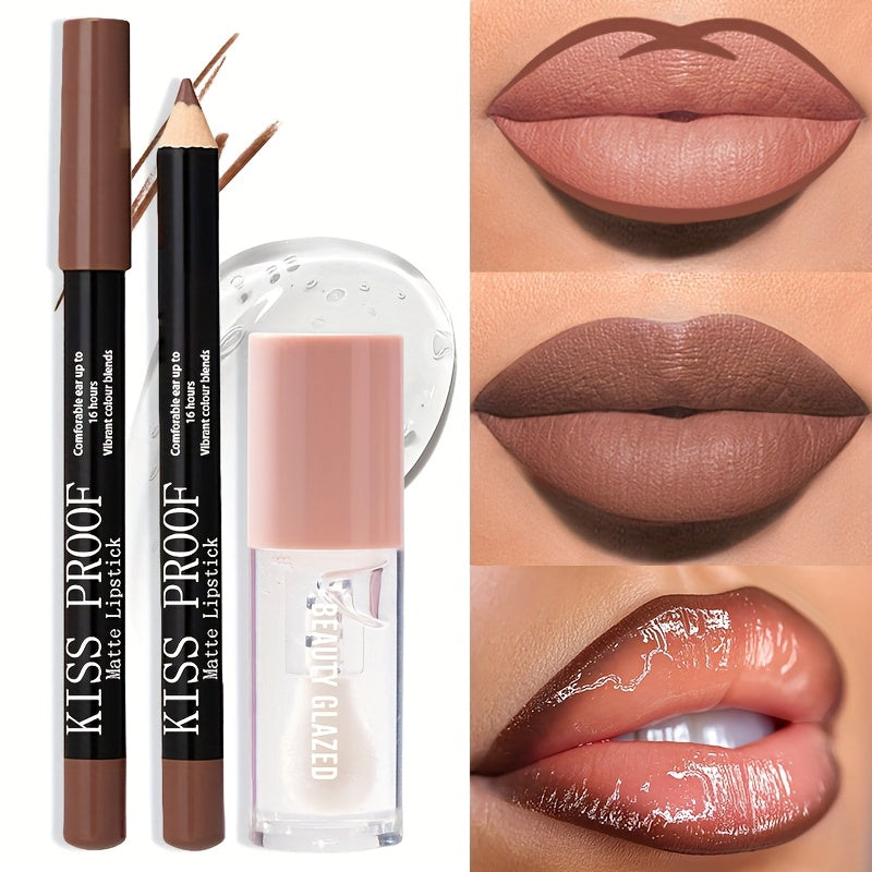 2pack BEAUTY GLAZED Waterproof Lip Liner & Lip Glaze Set - Long-Lasting Matte Lip Makeup Combo, Nude Brown/Pink/Deep Red Shades, Moisturizing Lip Pencil & Glossy-Free Lipstick for All Beige Types, All-Day Wear for Sensitive L