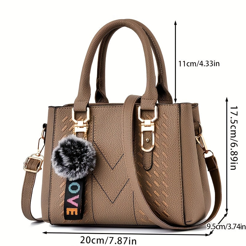 Women's Trendy Handbag with Ball Pendant, Simple Quilted Shoulder Handbag, Ladies' Easter