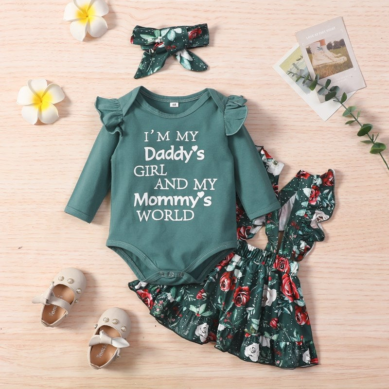 Newborn Infant Knitted Baby Girl Clothes Set: Long Sleeve Letter Print Romper + Floral Pants Outfits. Autumn/Spring Baby Clothing