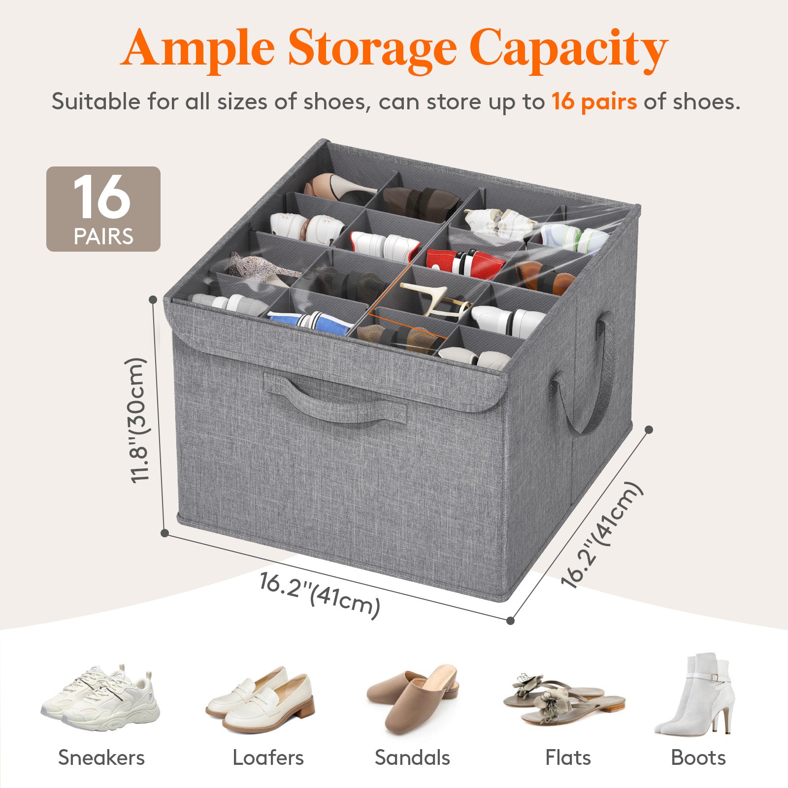 1/2 Pack Shoe Organizer for Closet Foldable Storage Bins with Adjustable Dividers, Clear Cover, and Bottom Support, Fits 16 Pairs of Boots, Heels, and Sneakers