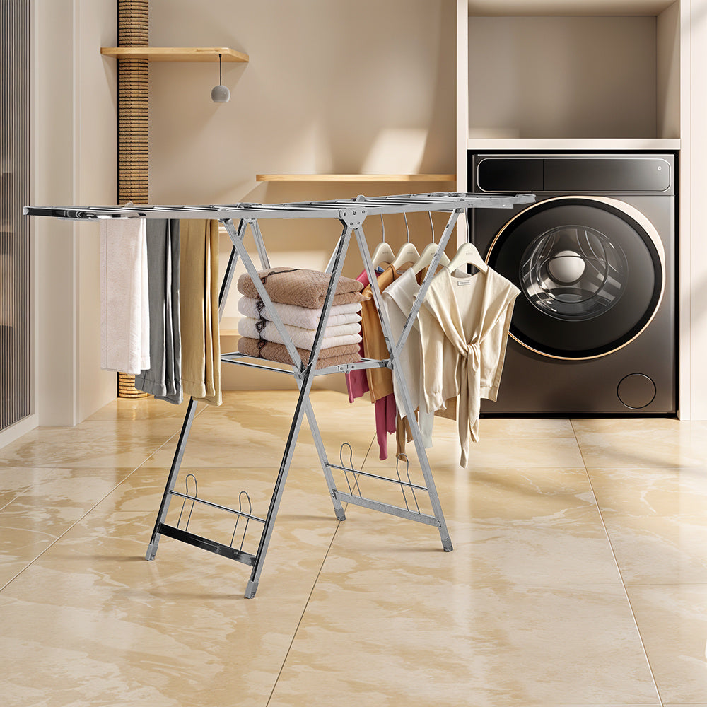 Staiinless Steel Folding Drying Rack, 2-Level Clothes Airer with Height Adjustable Wing, Freestanding Drying Rack for Clothes Socks Towels Shoes Quilts, Multifunctional Air Dryer, Foldable Wing Clothes Drying Rack, No Assembl