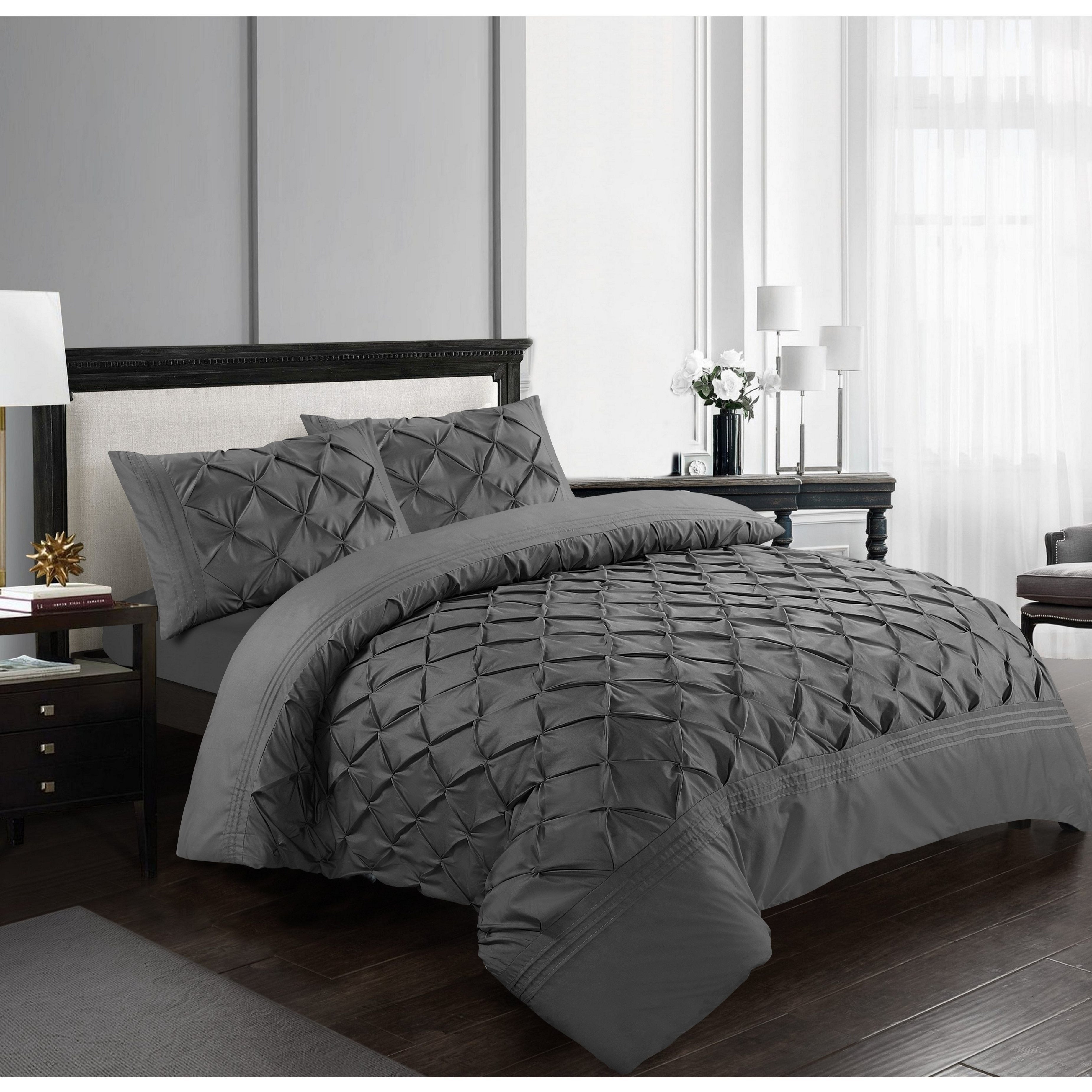 Luxury Pintuck Duvet Cover Set Double King Super King Soft Microfiber Pinch Pleat Bedding Set with Pillowcases White Silver Charcoal Pink