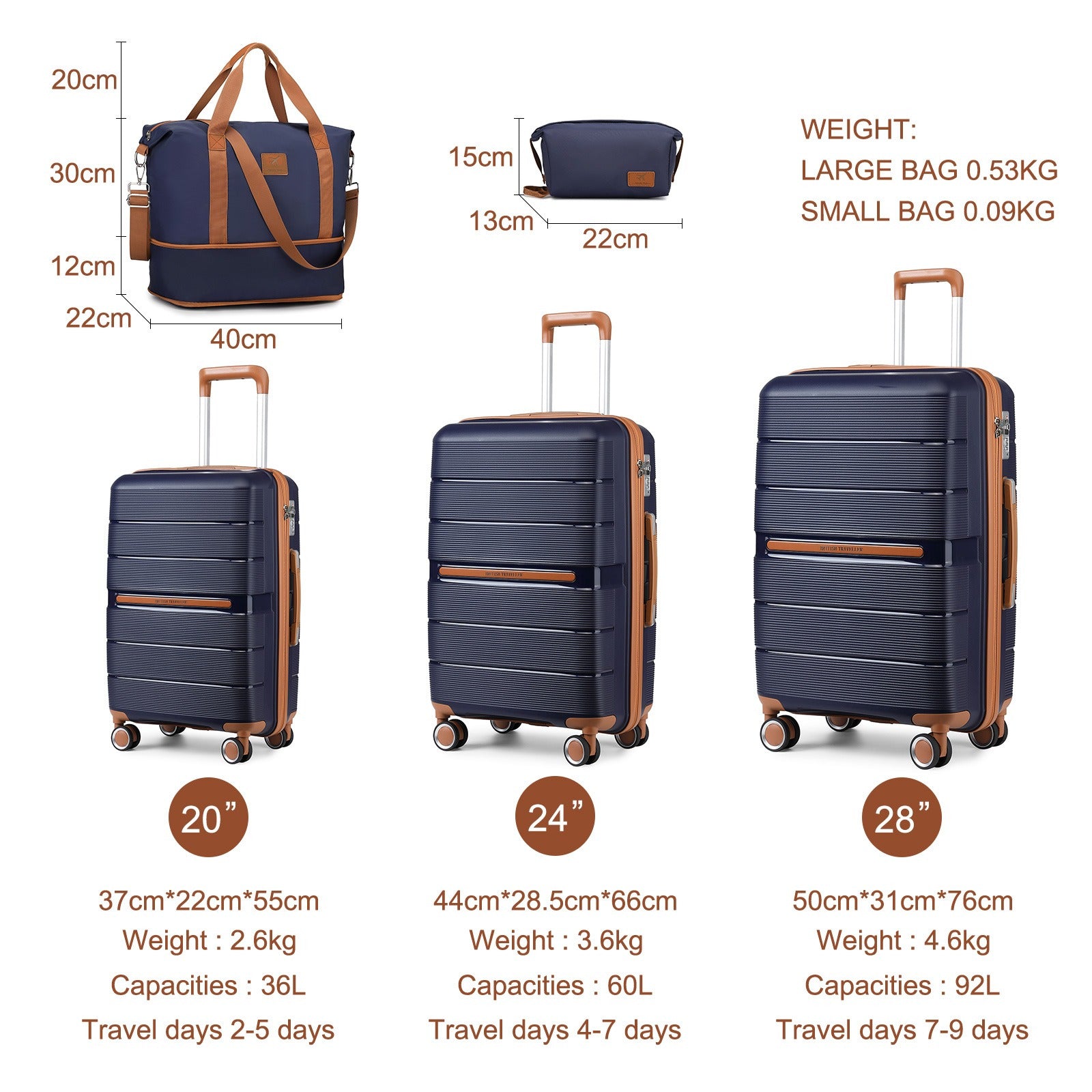 BRITISH TRAVELLER 3pcs Hard Case Suitcase Trolley Set with Multi-Texture, 100% PP Material. Hand Luggage Suitcase Equipped with 4 Smooth-rolling Spinner Wheels, Ideal for Travel. Comes with TSA Lock and Tote Bag, Perfect for