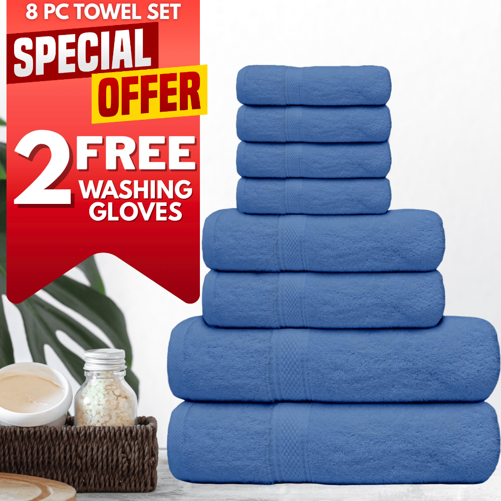 8Pack Towel Set+2 Washing Gloves Free Gift 500 GSM - 2 Bath Towels, 2 Hand Towels 4 Washcloths and 2 Washing Gloves 100% Cotton Hotel Quality Family Pack Towel Bale Set Highly Absorbent