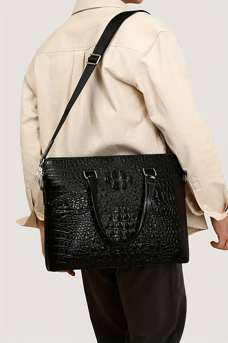 Men's Crocodile Pattern Briefcase - Stylish Business & Commuter Bag with Laptop Compartment, Adjustable Shoulder Strap, and Zipper Closure, Black, Laptop Carrying Case