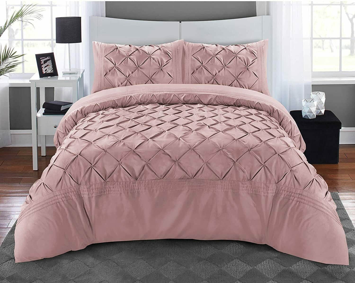 Luxury Pintuck Duvet Cover Set Double King Super King Soft Microfiber Pinch Pleat Bedding Set with Pillowcases White Silver Charcoal Pink
