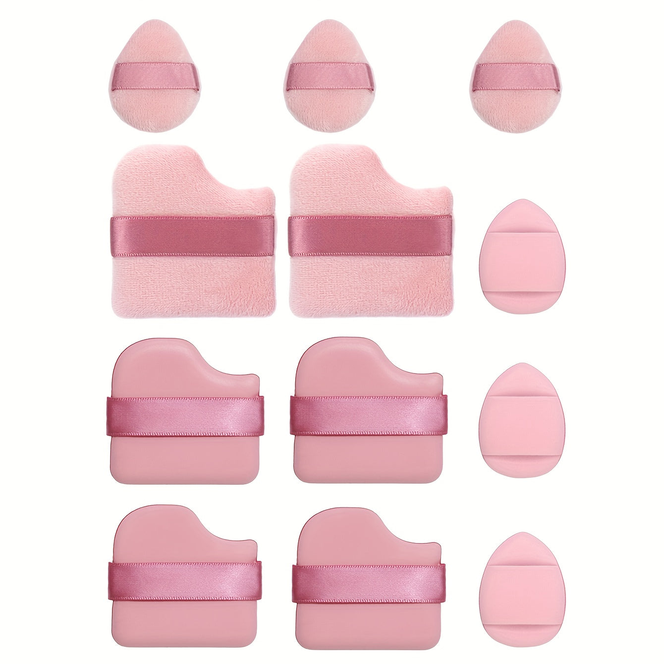 All-in-one 12pack/8pack makeup sponge set, consisting of 3 loose powder puffs, 3 mini air cushion puffs, 3 makeup sponges and 3 mini makeup sponges /or makeup puff& brush 8pcs set. Does not contain latex, does not easily eat