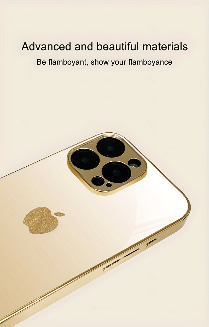 Golden Electroplated iPhone Case with Apple Design – Full-Coverage Frosted Tempered Glass Protection for iPhone 11–18 Series, Dirt-Resistant