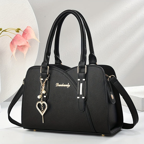 CHROSGEKEIDI Women's Elegant Black Handbag with Heart Charm, Removable Shoulder Strap, And Golden-Tone Hardware - Versatile Handbag for Work, Travel, Or Casual Outings, Travel Handbag | Elegant Handbag | Durable Zipper Closur