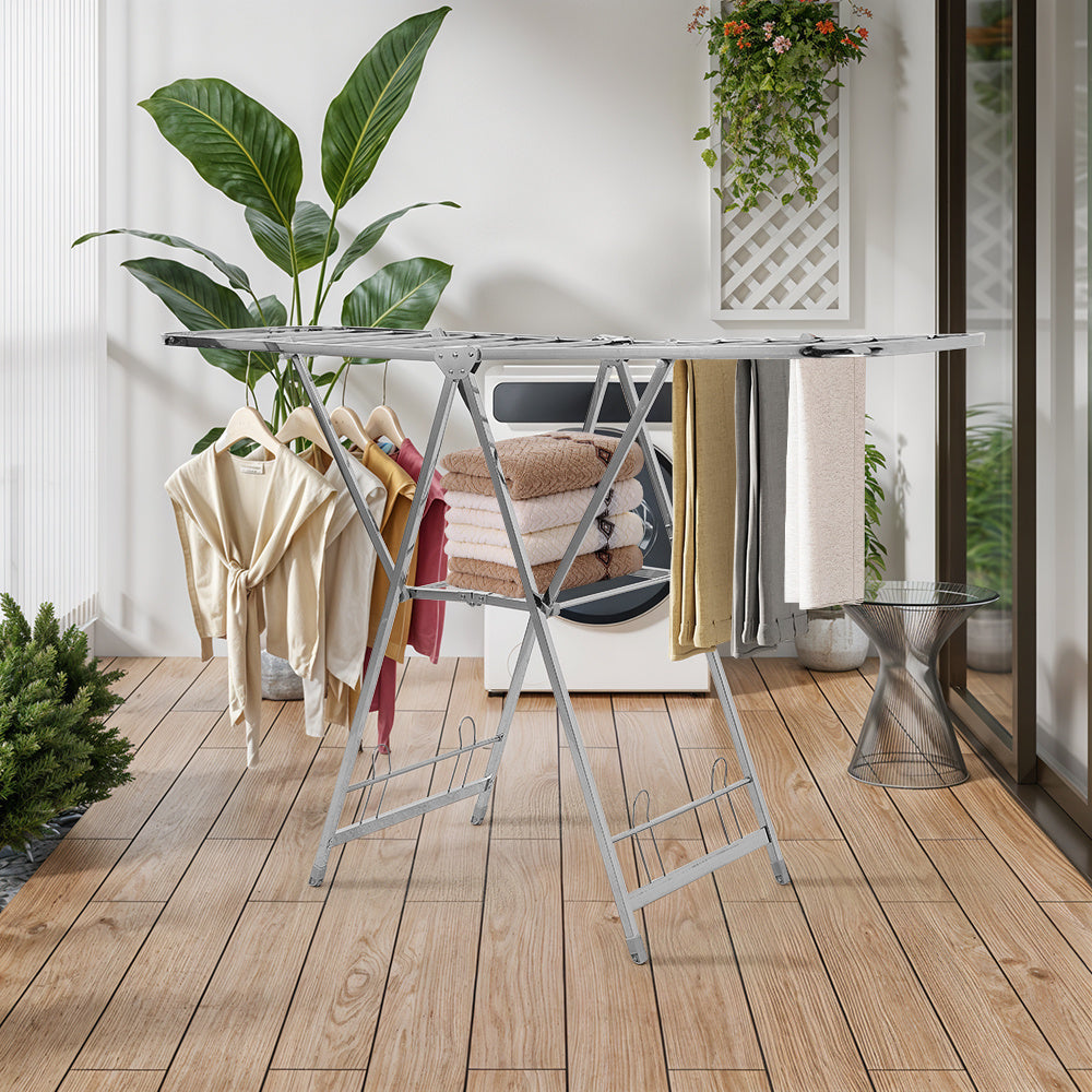 Staiinless Steel Folding Drying Rack, 2-Level Clothes Airer with Height Adjustable Wing, Freestanding Drying Rack for Clothes Socks Towels Shoes Quilts, Multifunctional Air Dryer, Foldable Wing Clothes Drying Rack, No Assembl