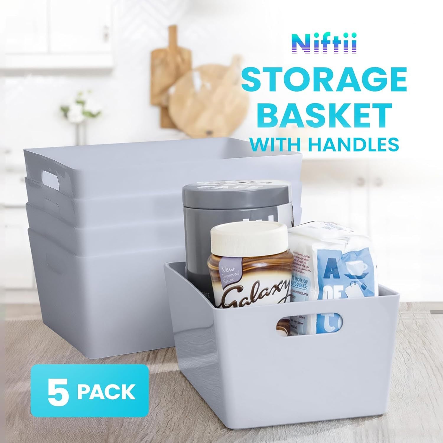 Niftii 5-Pack Plastic Storage Baskets with Sturdy Handles, Lightweight & Durable Design, Ideal for Kitchen, Bathroom, and Cleaning Organisation, 3.9L Capacity, 17 x 25 x 11cm