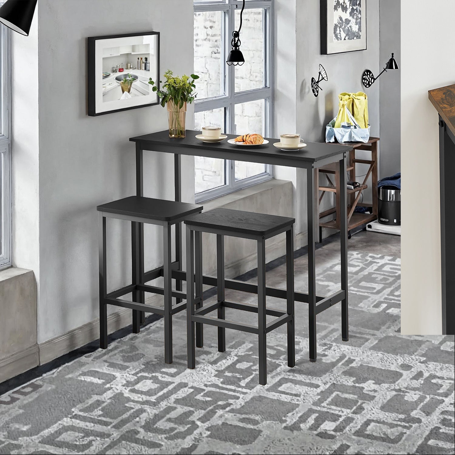 Bar Table and Chairs Set, Dining Table Set, Bar Kitchen Table with Stools Set of 2, Steel