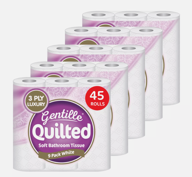 Toilet Tissue 45 rolls. Gentille Quilted Bathroom Tissue Luxury 3-Ply Toilet Paper Soft, Strong, & Responsibly